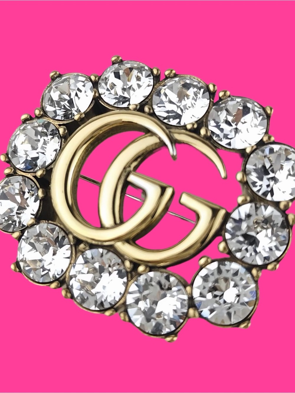 Gucci Gold and Clear Crystal Double G Brooch